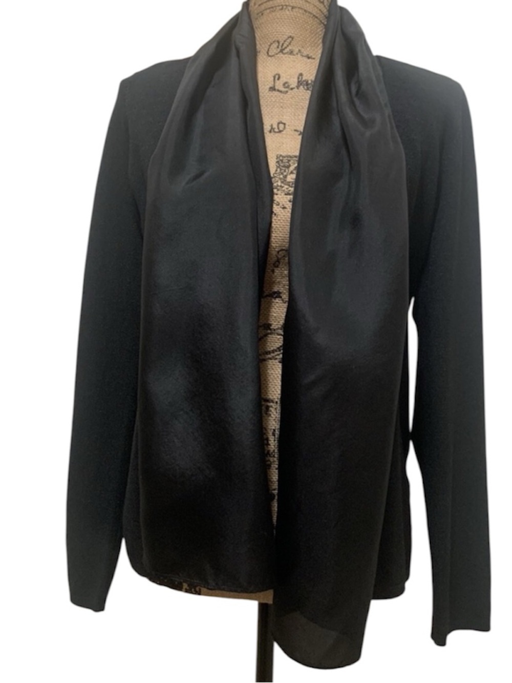 Eileen Fisher black cardigan with a black scarf like border trim petite small